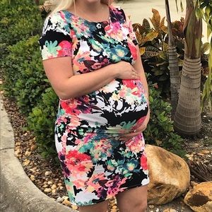 Navy Neon Floral Fitted Maternity Dress